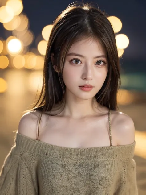 (( night view,  real light , best quality, 8k, masterpiece: 1.3)), 1 girl, slender beauty body: 1.4, brown hair, (big: 1.3),  Off Shoulder Cut Top: 1.3, Super Detailed Facial,  detail eyes, double eyelids, sea、 sandy beach , Chest