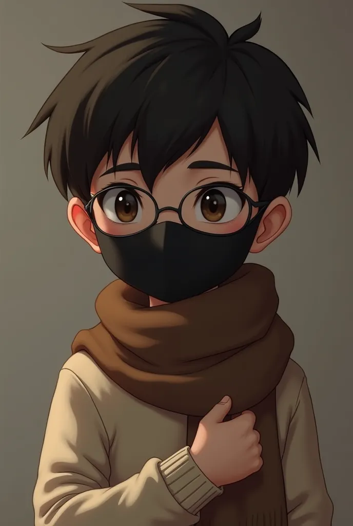 an introverted boy with dark brown hair, with black face masks, semi-dark lenses, beige sweatshirt and brown scarf