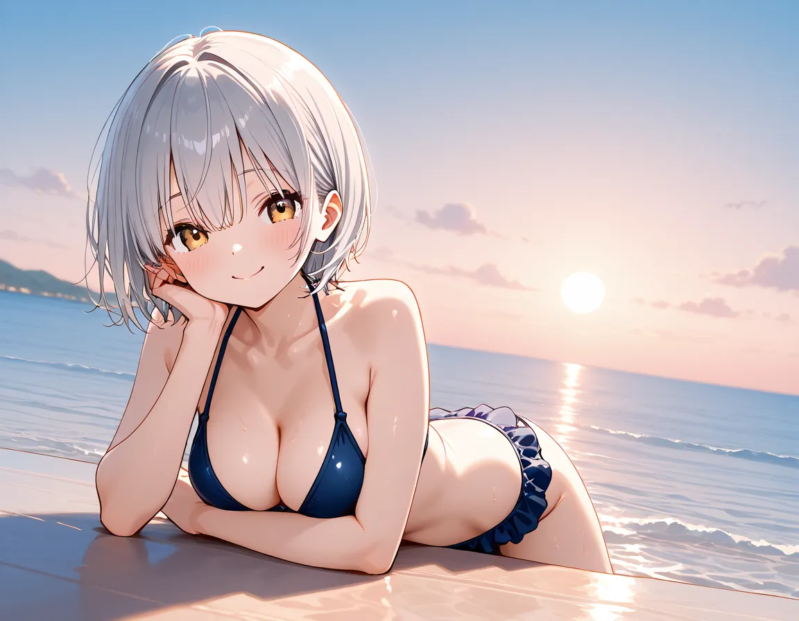 （masterpiece、high quality)、  Silver Hair 、Short Hair、B110 - W65 -H 92 cm、swimsuit、background（sea）、smile