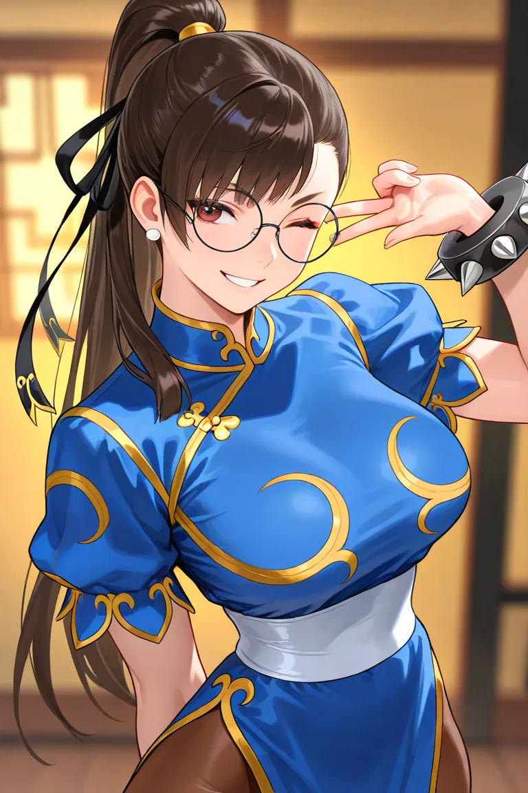 age girl, inviting, perfect breasts, with a ponytail,  tilted,   smiling, black round glasses, winking , In Chun Li's clothing, straight fringe and loose sideburns