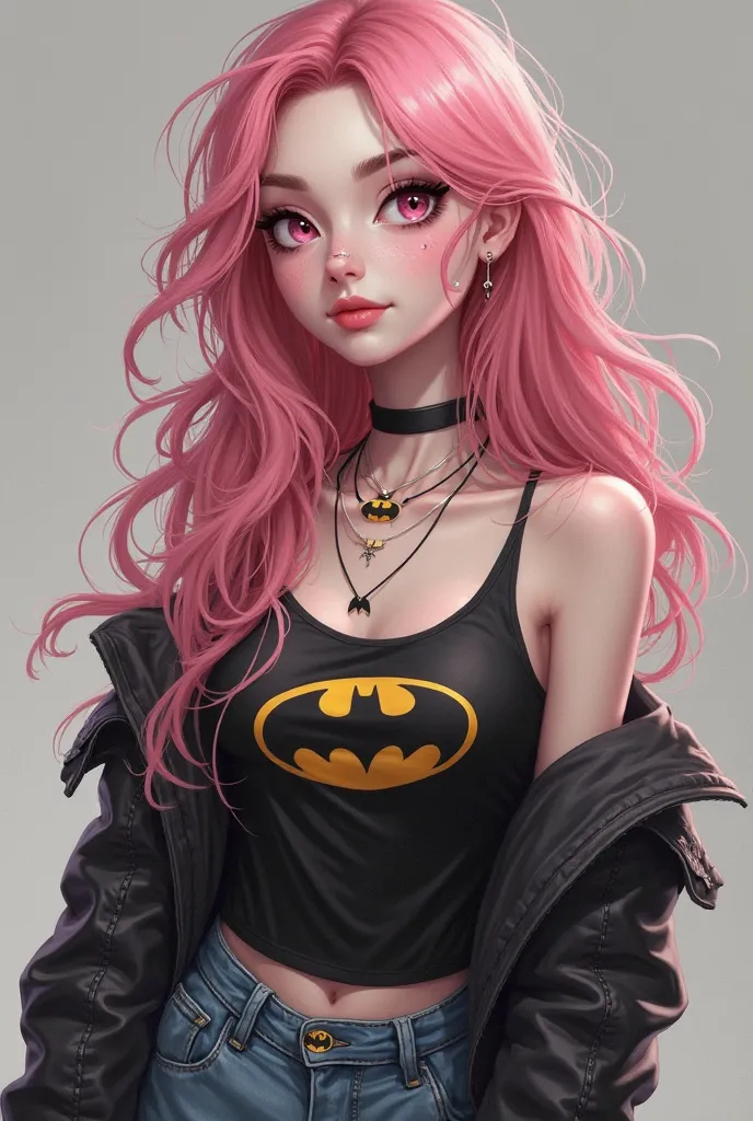 A girl of about 25 years old with long and wavy soft pink hair and big light eyes also of a light pink color, His skin is white,she wears a tight black top cut with thin straps, the top with a Batman style logo, below she wears flare jeans,also above she w...