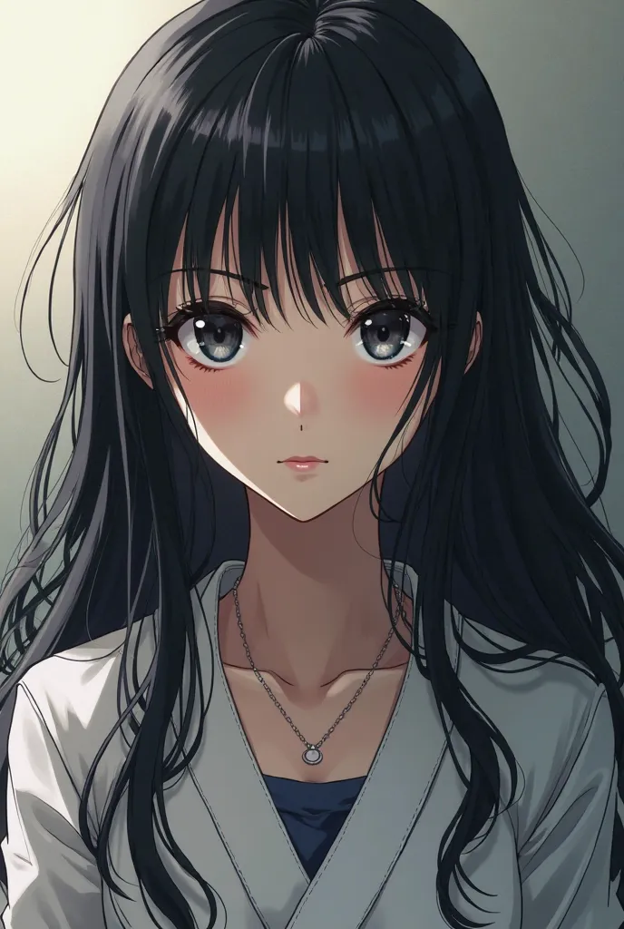 Japanese female with black bangs and long hair withe pale skin and black eyes in an anime style like hunter x hunter