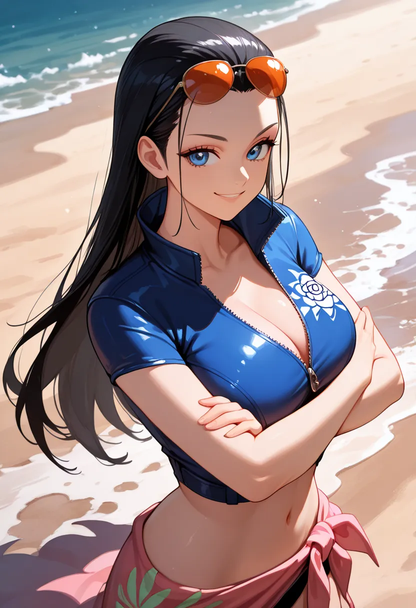 masterpiece, best quality, newest, absurdres, highres, 1girl, solo, fishmannr, blue eyes, black hair, long hair, hair slicked back, straight hair, sunglasses, eyewear on head, crop top, blue jacket,pink sarong, short sleeves, zipper, high collar, collared ...