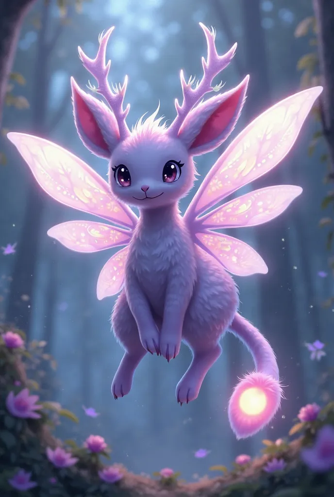 Fairy type pokemon with cute big wings and a purple-bluish body color, big glowing antlers, long tail with a soft ball at the end that glows and has big cute pointy ears going down
