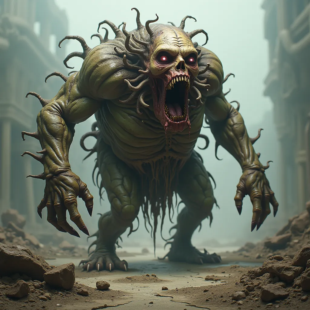 A mutant bloated zombie with many arms and bodies interconnected on a wasteland