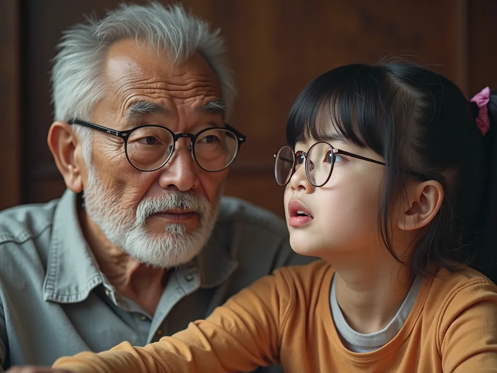 Close-eyed uncle, đeo cà vạt sộc xệch ngồi nghe 1 cô gái  are beautiful trẻ trách móc. Real Photography-style images, bright colors. Uncle wears glasses, greyheaded, Beardless. Black hair girl,  are beautiful,  20 years old , also wear close-fitting glasse...