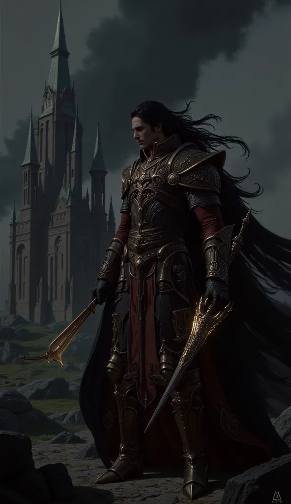 A tall and broad-shouldered young man with long, flowing black hair—Trevor Belmont, a legendary demon hunter. He wears the attire of a noble knight, his battle-worn armor adorned with intricate details, showing the marks of countless battles. In his hands,...