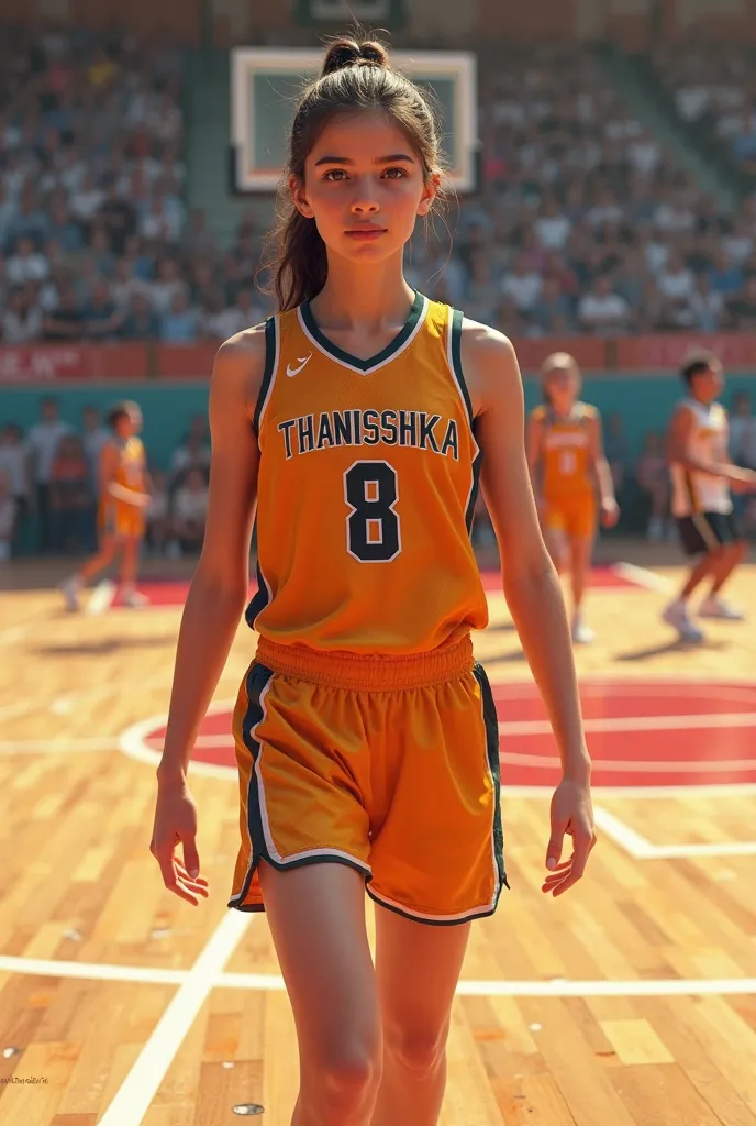 A girl wearing no 8 basketball jersey and on the jersey written Thanisshka 