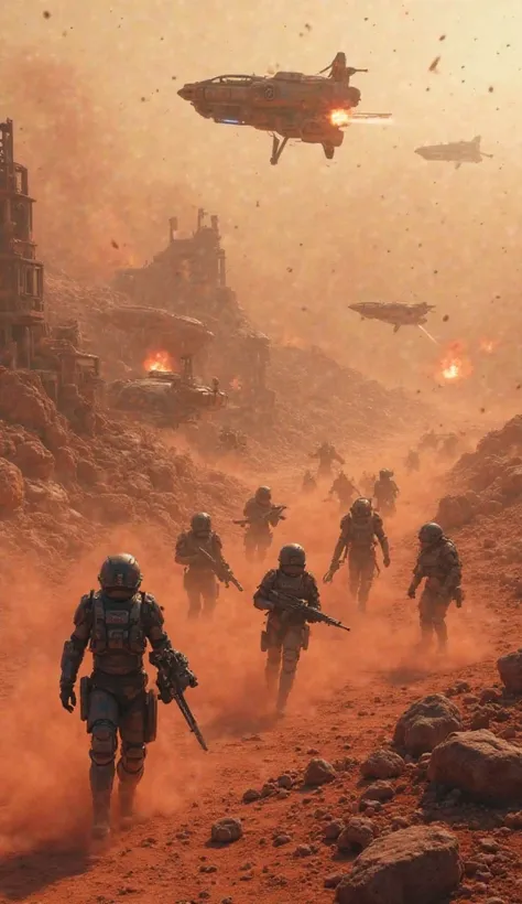 A chaotic scene on Mars, where Martian soldiers from different factions fight in a partially destroyed futuristic city. Soldiers wearing high-tech armored suits, carrying energy rifles. Explosions of red dust dominate the scene while war drones patrol the ...