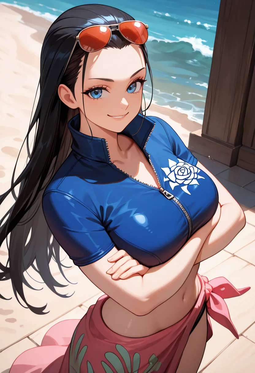 masterpiece, best quality, newest, absurdres, highres, 1girl, solo, fishmannr, blue eyes, black hair, long hair, hair slicked back, straight hair, sunglasses, eyewear on head, crop top, blue jacket,pink sarong, short sleeves, zipper, high collar, collared ...