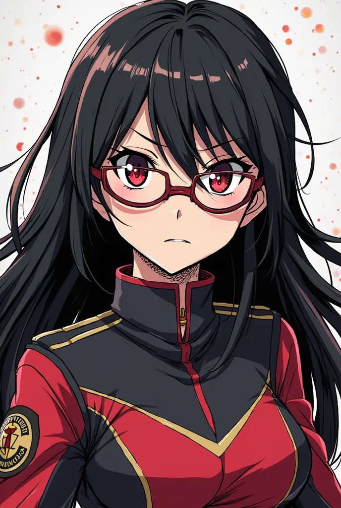 My Hero Academia comic strip picture of a girl.  She has long black hair , and she is a hero possessing the power of Blood Nova, a ability that transforms their own blood into a combat force against villains., She is wearing a UA uniform and wearing glasse...