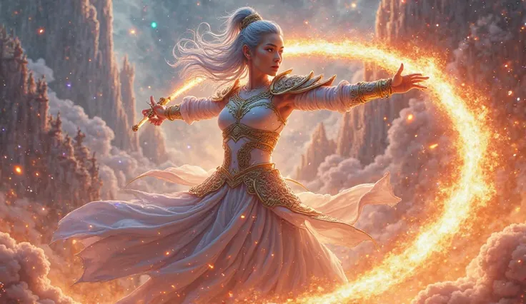 A beautiful, fair-skinned Asian warrior woman with silver hair, poised to attack, wields a flaming hoop. She wears white armor adorned with intricate gold patterns, enhanced by vibrant, multi-colored neon light lines that trace the contours of her armor, c...