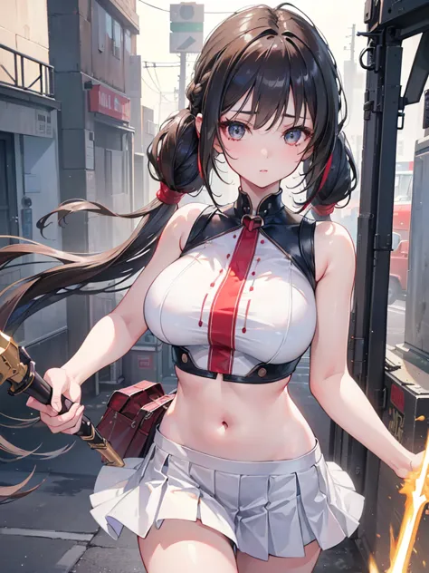 1girl, brown twintail hair, brown eyes, beautiful detailed eyes, beautiful detailed lips, extremely detailed face and eyes, longeyelashes, large breasts, playful expression, cute, melancholic, white action crop top, red short skirt, holding (weapon), alley...