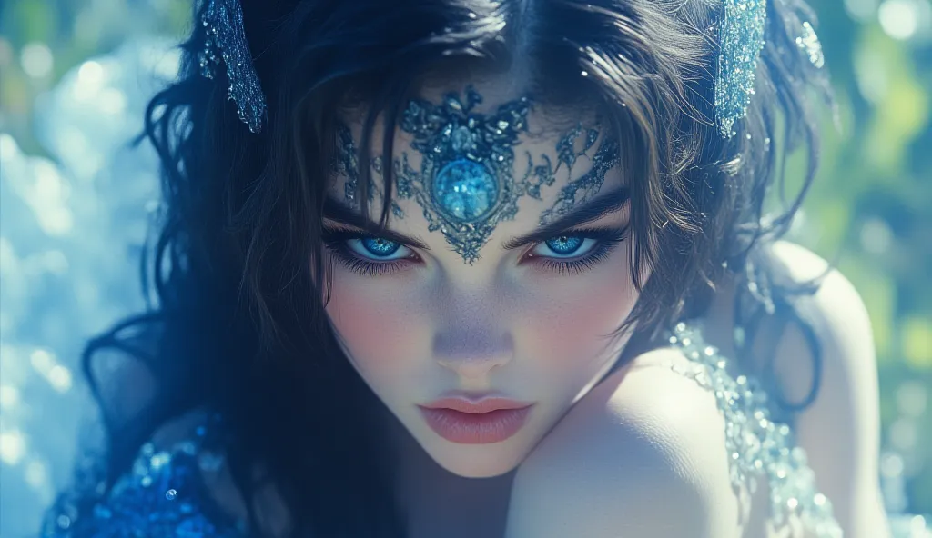 women with blue electric eyes and black hair she’s is Ethereal beauty and a delicate, otherworldly, and almost mystical kind of attractiveness. It is characterized by a soft, elegant, and graceful appearance that seems almost unreal or heavenly, like a fai...