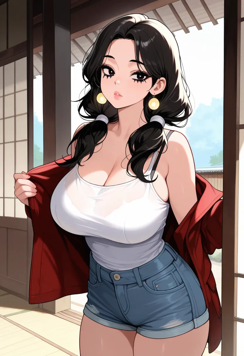 (masterpiece), (portrait), big breasts (aesthetics), ((1 female 18 years old, small nose, features of a Russian woman)), Highlight earrings), ((retro style long hair, voluminous pigtails hair)), ((Hot dark black hair)), Wavy hair, thin eyes open, bronw eye...