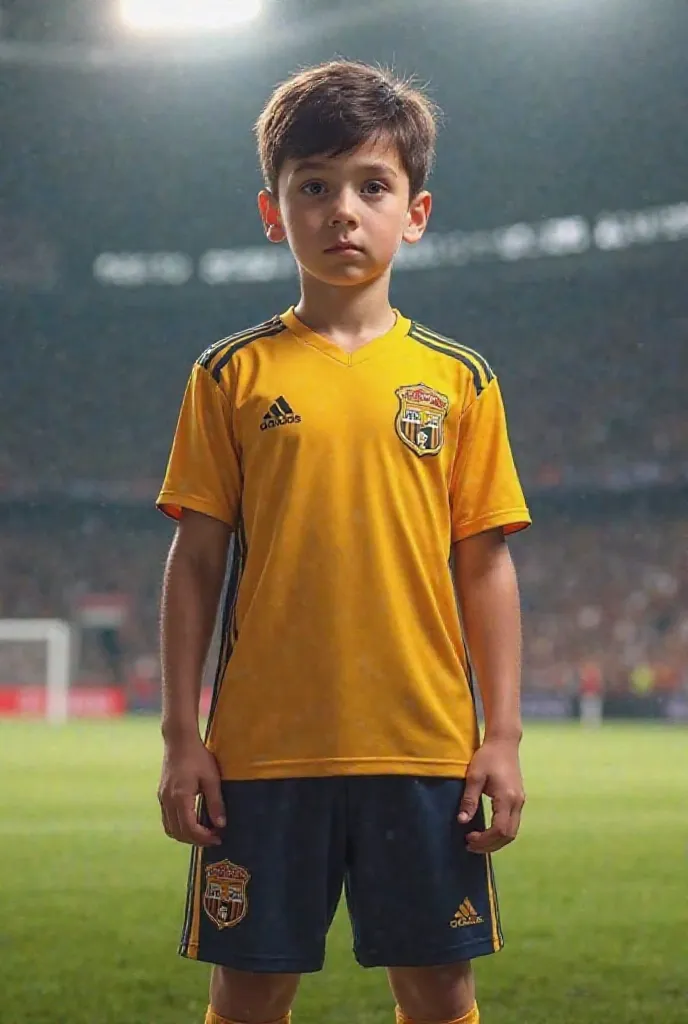 A boy in a realistic soccer uniform 