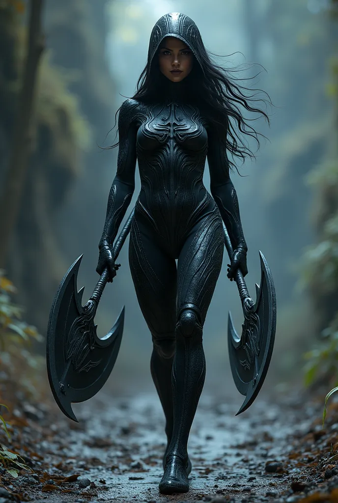 Create a full-body sexy female Venom symbiote walking forward. She looks at the viewers. The symbiote covers the woman's body and head, with a large, open mouth that serves as a hood. The symbiote is covered in intricate patterns and has a dark, almost bla...