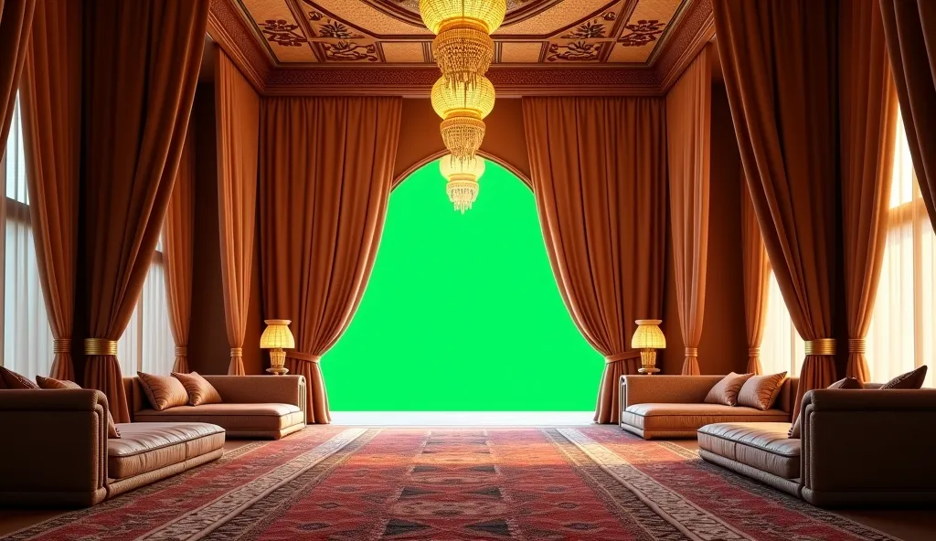 

"Interior of a luxurious Arab Sheikh tent, decorated in detail with rich fabrics, ornate cushions and golden lanterns. The tent has only one large entrance in the center of the image, What is a chroma key in the color green. The setting is cinematic and ...