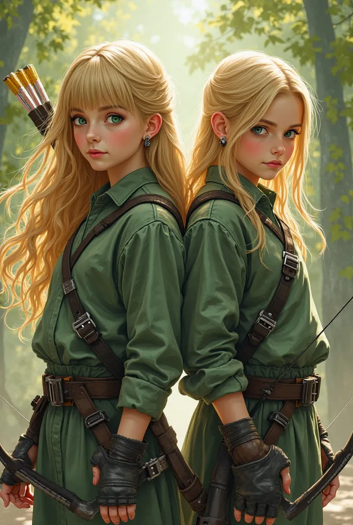 illustrate a twins(boy & girl) in a dystopian world they both have golden blonde hair, green eyes, the girl has medium length hair with bangs, her weapon is two(2) katana, and her brother has an bow and arrows