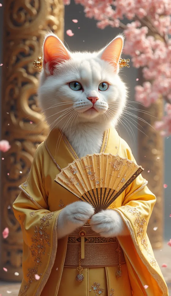 An ultra-luxurious, hyper-detailed close-up painting of a breathtakingly beautiful white cat dressed in an elegant, traditional kimono. The cat has flawless, silky white fur that glows under the warm light, with deep, mesmerizing blue eyes radiating both m...