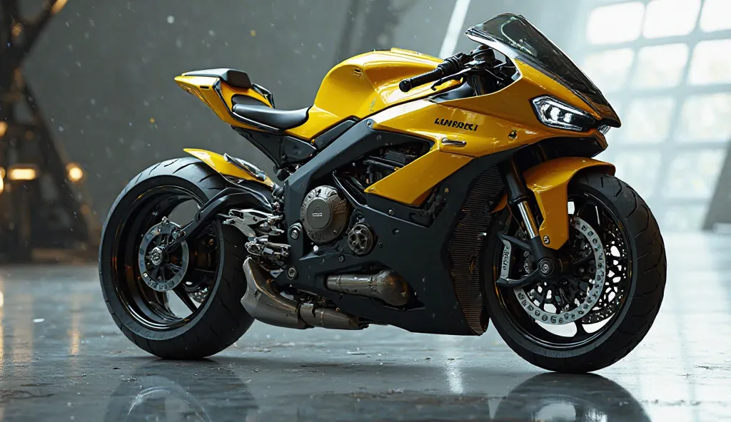  (masterpiece, best quality, ultra-detailed, photorealistic, hdr, 8k), a black and yellow motorcycle concept by lamborghini

