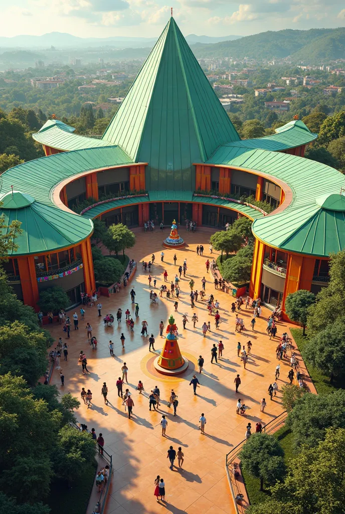 Aerial perspective of the museum, showing radial layout, green roofs, and the central pyramid. People dancing in the patio during a carnival, colorful banners.  