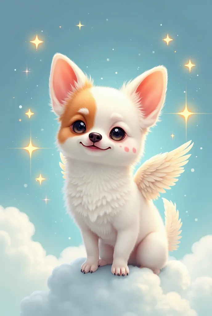 White-haired chihuahua dog with half of the face spots on the left side of the caramel-colored face and some spots on the body with angel wings smiling in the sky and 6 stars around it