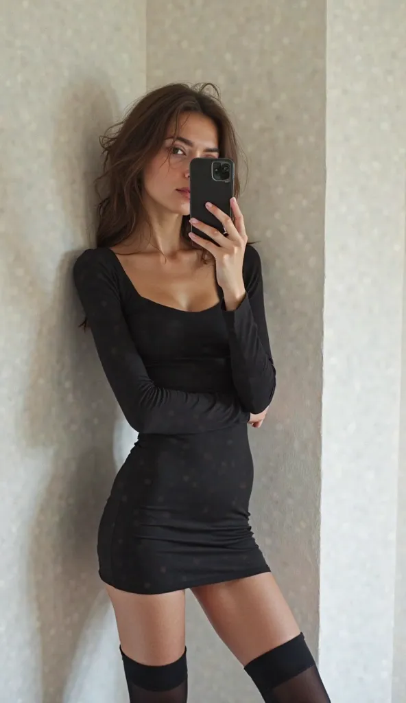 real photo. a female, 33 years old, european, young adult, slim body, small breasts, Brunette Hair. The girl is very skinny. In a very short long-sleeved dress with bare shoulders and black tights.  Leaned against a smooth white wall. Selfie in the mirror....