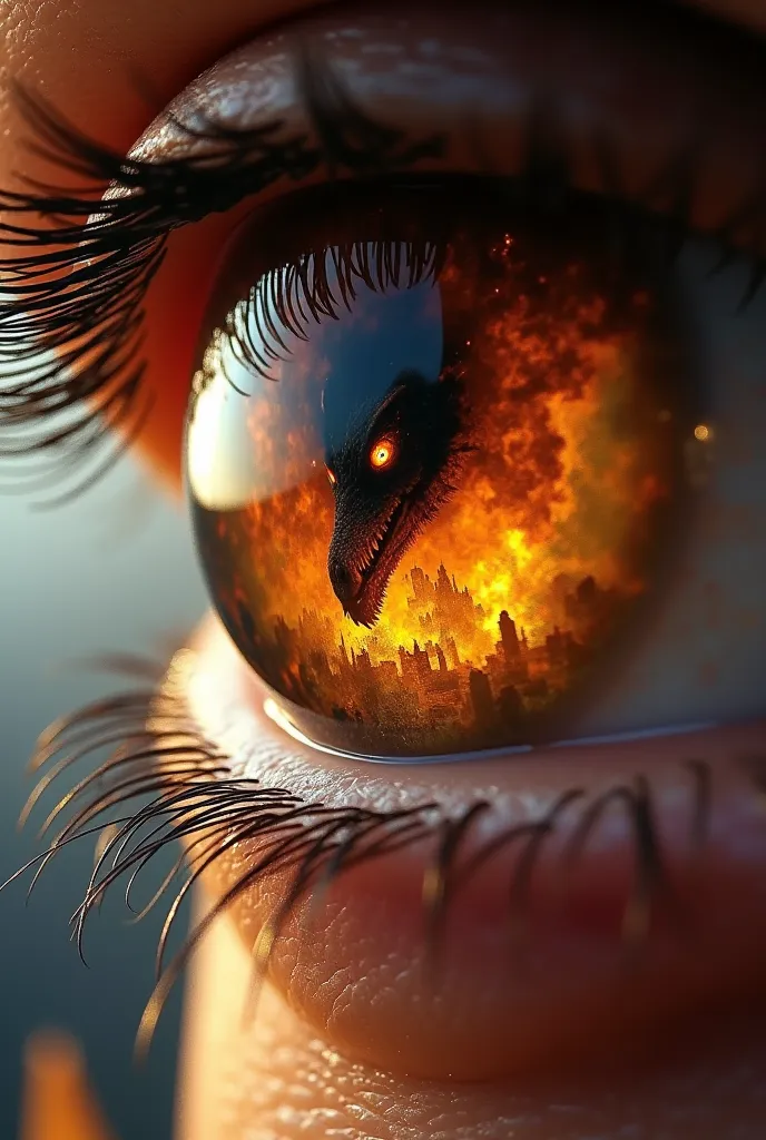 In a man's brown eye, reflection of the dragon burning the city