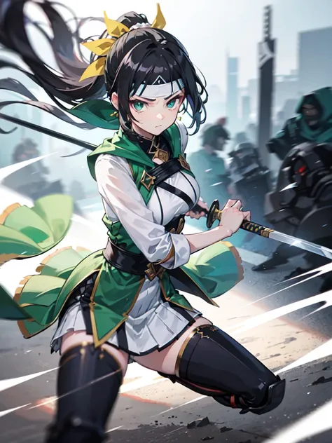 anime girl, warrior, green and white dress, headband, black hair with ponytail, serious face, holding weapon, holding spear, medium breasts, fighting stance, battlefield background, white aura, motion blur, battoujutsu, sword