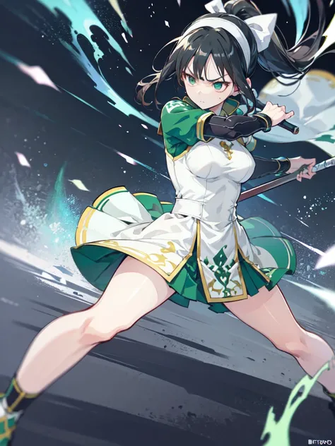 anime girl, warrior, green and white dress, headband, black hair with ponytail, serious face, holding weapon, holding spear, medium breasts, fighting stance, battlefield background, white aura, motion blur, battōjutsuswing, 