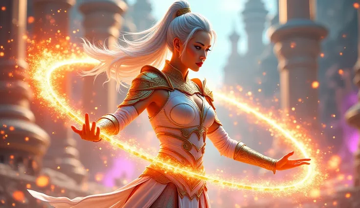 A beautiful, fair-skinned Asian warrior woman with silver hair, poised to attack, wields a flaming hoop. She wears white armor adorned with intricate gold patterns, enhanced by vibrant, multi-colored neon light lines that trace the contours of her armor, c...