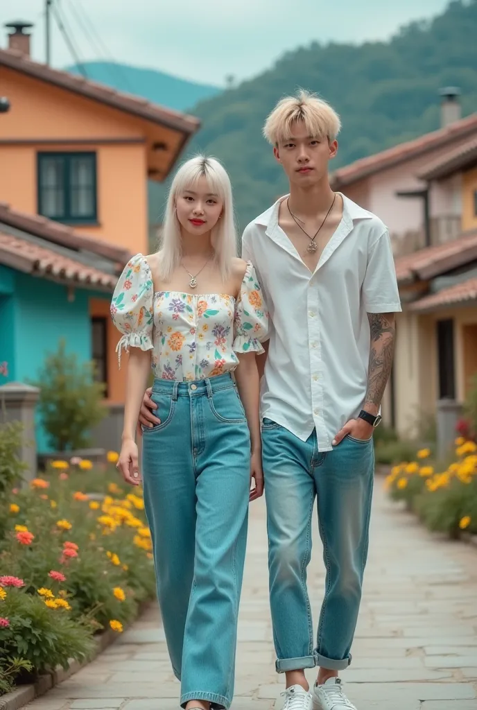 a beautiful young Korean girl smiling with white straight colored hair wears earrings and necklace wears a beautiful Korean style dress colorfully wears jeans skirt cargo color aqua pkai color left pocket right is walking standing leaning with young handso...