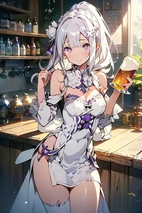 (masterpiece:1.2), (best quality:1.2), newest, intricate details, perfect anatomy, 1girl:1.2, (emilia (re:zero):1.2), ((plain white wedding dress:1.1, long dress:1.2, off-shoulder dress:1.5, sleeveless:1.3, front slit:1.3, torn dress skirt:1.4, white elbow...