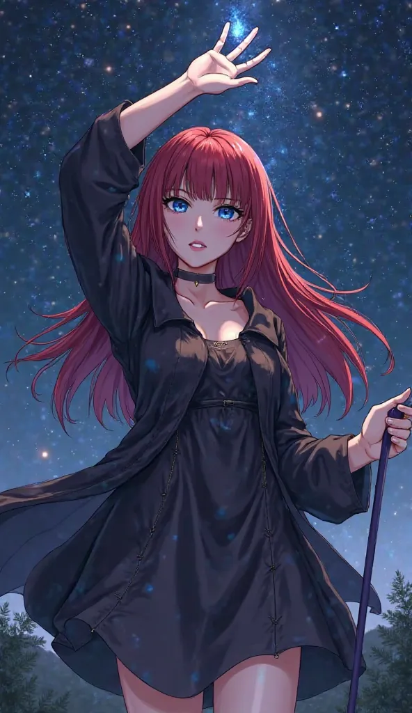 Full color illustration, anime 2d, HD, 1 girl, blunt bangs, dress, expressionless,  personal retention fabric, dress largo, long hair sideburns,  long temples , open clothing,  open black robe , blue eyes, crimson red hair,  black robe , Side closure,  hol...