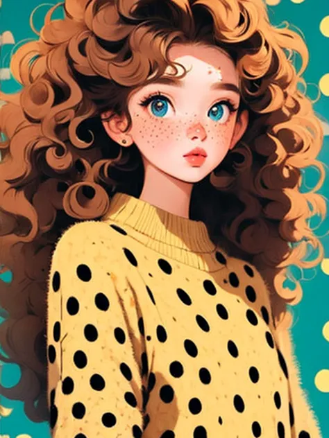 (masterpiece, woman:1.2),   A beautiful girl ，soft hair curly hair，Big arch，polka dot sweater， small freckles，