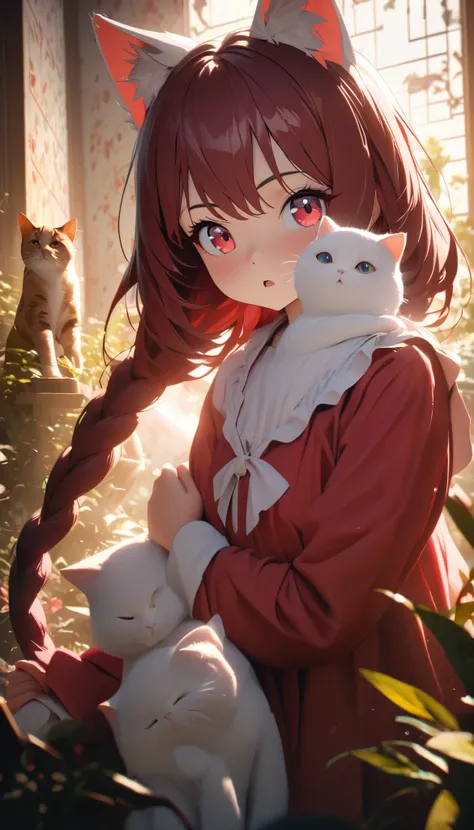 female\(kawaii,,age of 10ir floating,hair color dark red,long braid hair,eye color dark red,big eyes,white fur,red dress,breast,[cat ear]), BREAK ,background\(outside,many cats,beautiful garden,flower,duppled sunlight\), BREAK ,quality\(8k,wallpaper of ext...