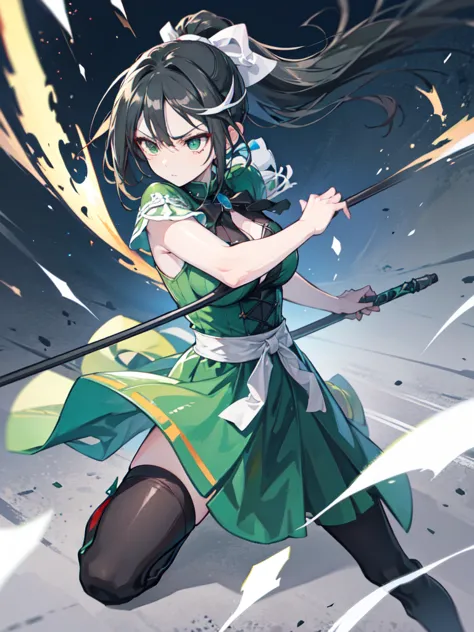 anime girl, warrior, green and white dress, headband, black hair with ponytail, serious face, holding weapon, holding spear, medium breasts, fighting stance, battlefield background, white aura, motion blur, battōjutsuswing, 