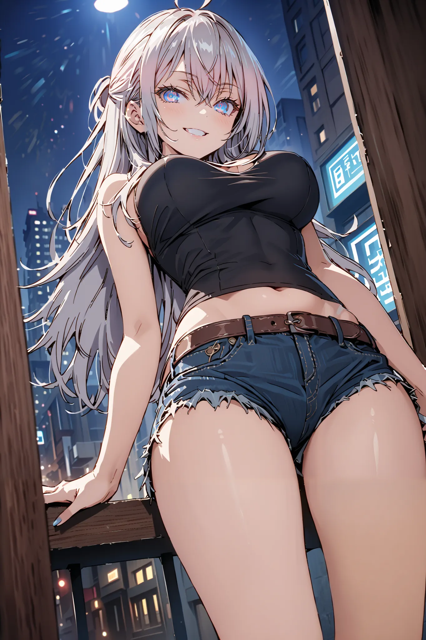 score_9, score_8_up, score_7_up,  source_anime, Alisa Mikhailovna Kujo, Alone,long hair, bungs, blue eyes,stupid hair, Gray Hair,half updo,Big Breasts,riders jacket, BLACK TANK TOP,underboom,belly button sticking,denim micro shorts,Bare legs,boots,put your...