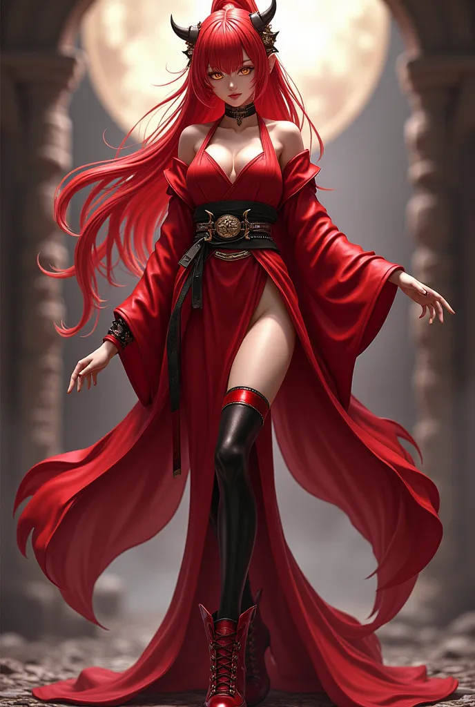 A sexy tender warrior, with yellow eyes, With red hair, dressed in a red haori and wearing a red kimono inside,  wearing a red skirt , wearing long black leather socks with shiny tones on her legs, with red boots, with a red mermaid tail, with style and ve...