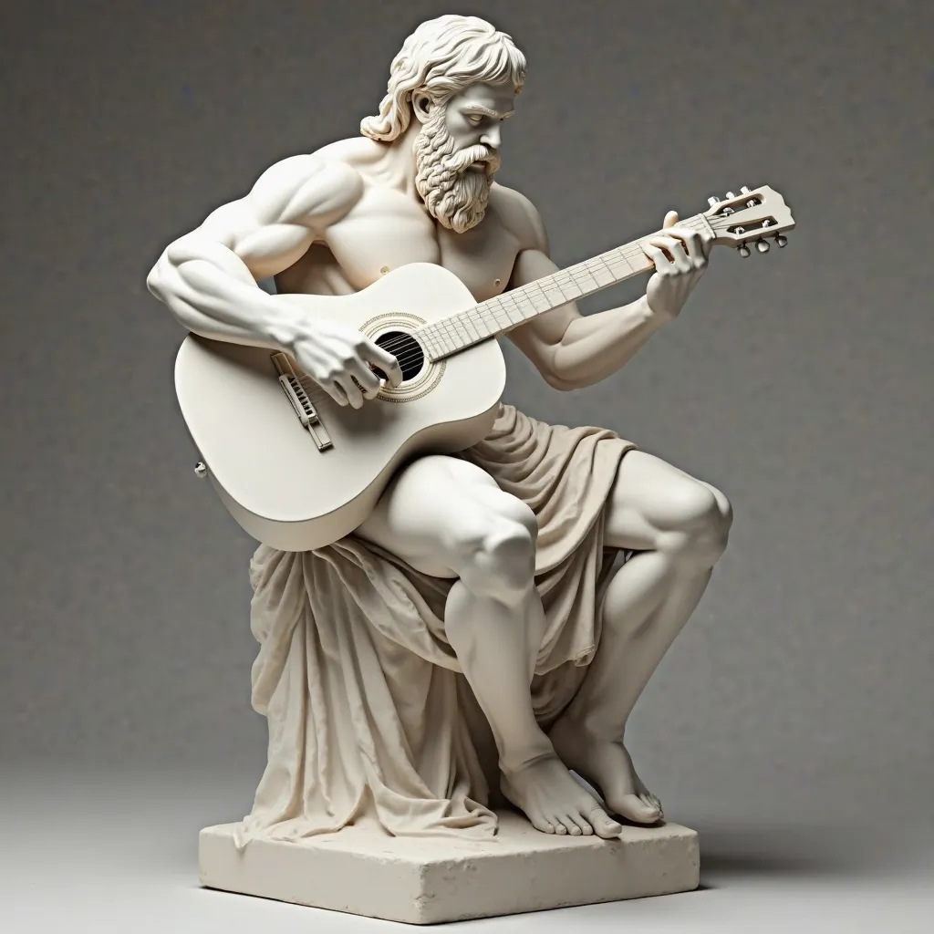 A digital rendering of a marble statue in the style of classical Greek sculpture depicting a powerfully built, bearded man, possibly a god, seated and playing a modern acoustic guitar. The composition is a three-quarter view, showing the figure from the kn...