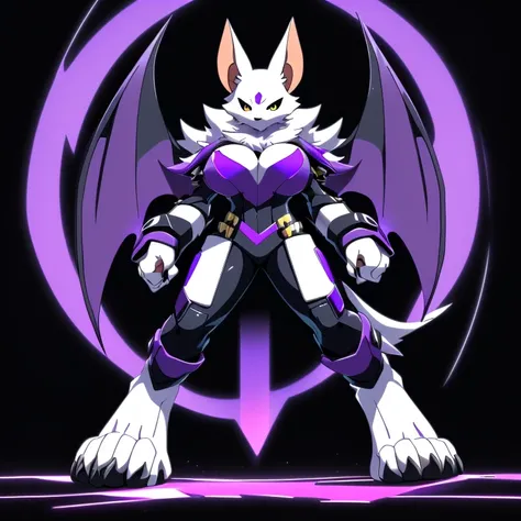 Anime, ((anime style)), ((solo)), ((solo picture)), alone, simple shading, ((action pose)), ((full body picture)), ((plush build)), ((wearing a stylized black outfit with dark neon purple trim:1.3)), ((purple chest armor)), ((female Anthro bat)), ((Tall wi...