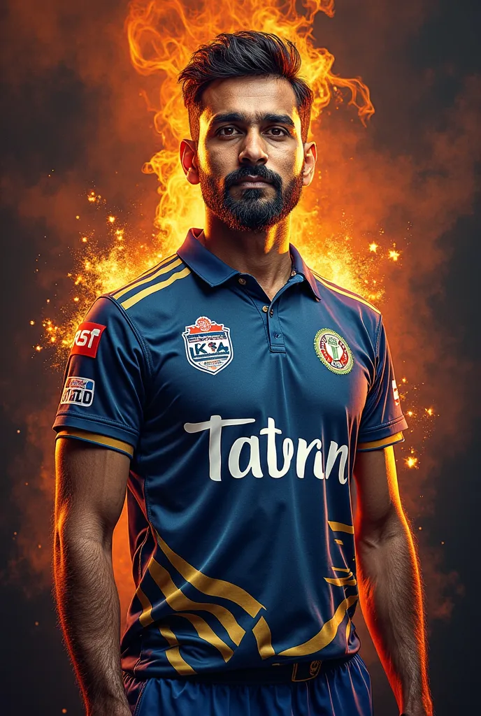 A cricket team which name is gujarat titan so you make a sexy & firey poster which bg color is orange and black with theme of  and egale and tigers and jersey color is frozen blus and golden for advertising in Tv channels and big rectangular shape on middl...