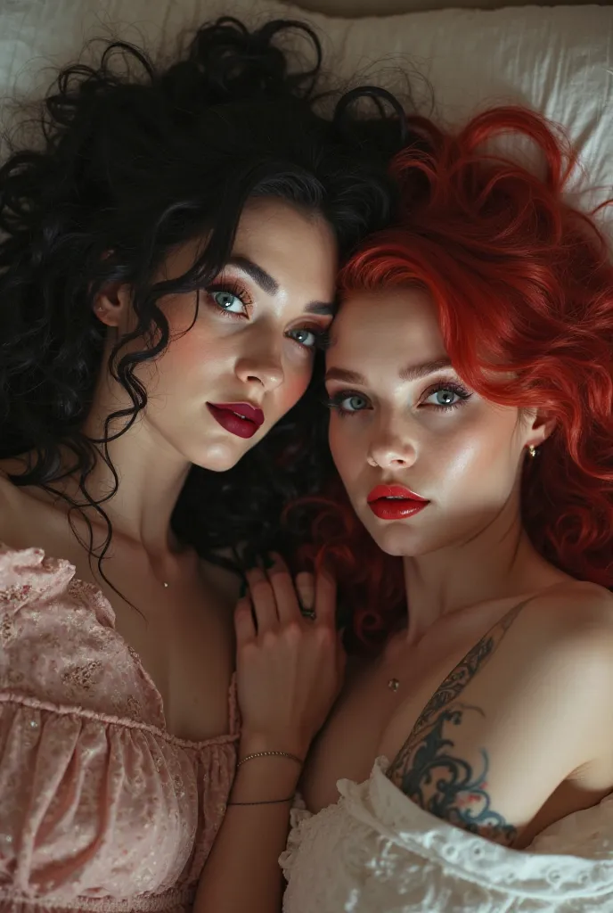 An aesthetic image of two friends a gorgeous woman with big boobs that has long black hair in a curly hairstyle and blue eyes with dark make-up and red lipstick laying side-by-side in bed with a Gorgeous female with red hair in wavy hairstyle, bright red e...