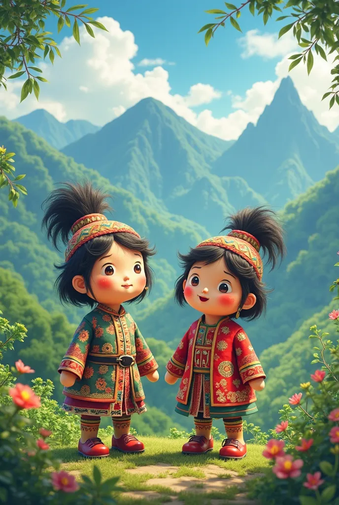 (cartoon:1.2), couple of ondel-ondel (a doll from Betawi or Indonesia), standing on the ground, happy face, background inspired by scene ponyo and senosuke when they're on the mountain