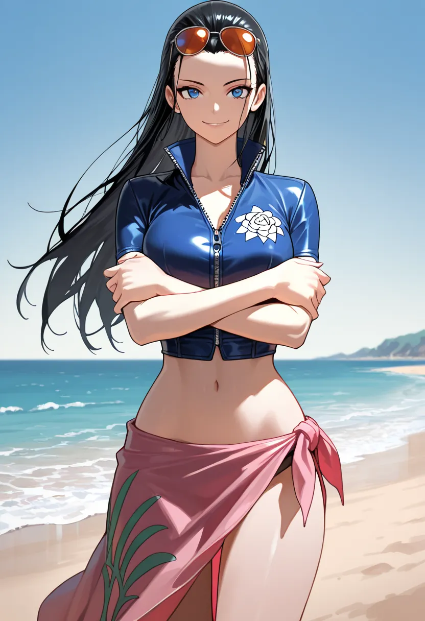 masterpiece, best quality, absurdres, highres, 1girl, solo, fishmannr, blue eyes, black hair, long hair, hair slicked back, straight hair, sunglasses, eyewear on head, crop top, blue jacket,pink sarong, short sleeves, zipper, high collar, collared jacket, ...