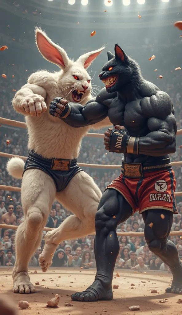 Scene Description:

The Cat Fighter’s powerful punch has landed directly on the Big Rabbit Fighter’s face with full force.

For a moment, the entire stadium falls silent—spectators hold their breath, watching in shock.

The ring erupts in chaos as the Big ...