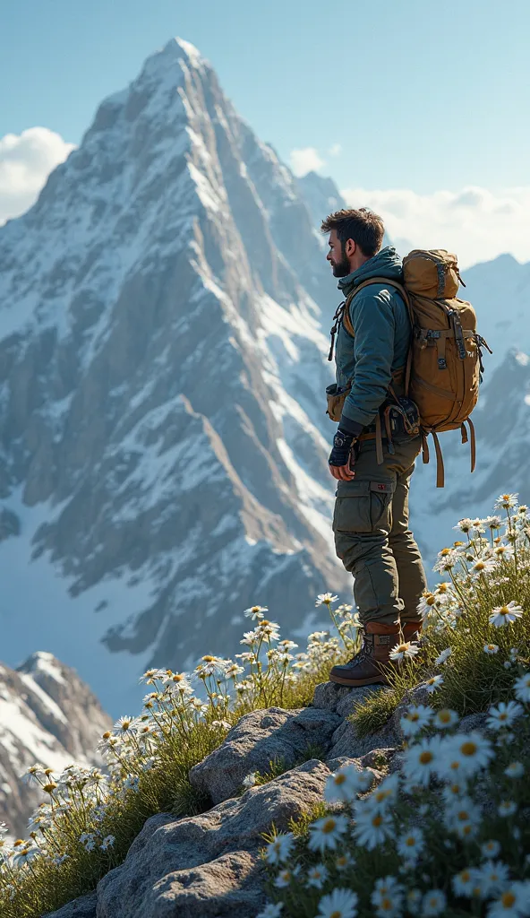 A climber stands at the top of a mountain looking at edelweis flowers 