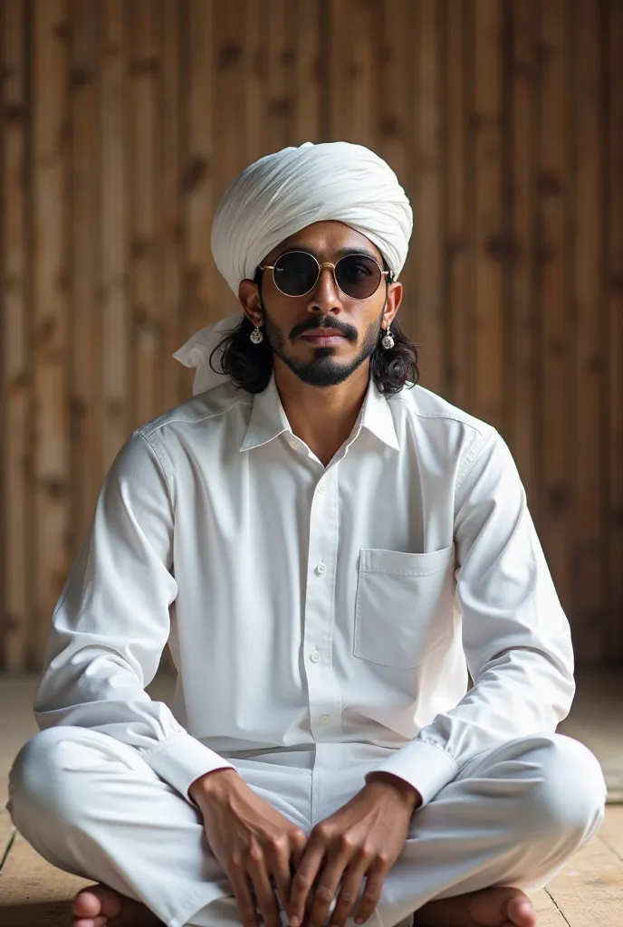 Open wooden pendopo sitting cross-legged a young Indonesian man aged 40 years old with semi-long hair sunglasses wearing earrings Muslim turban hat wearing a white shirt and white trousers looks realistic 