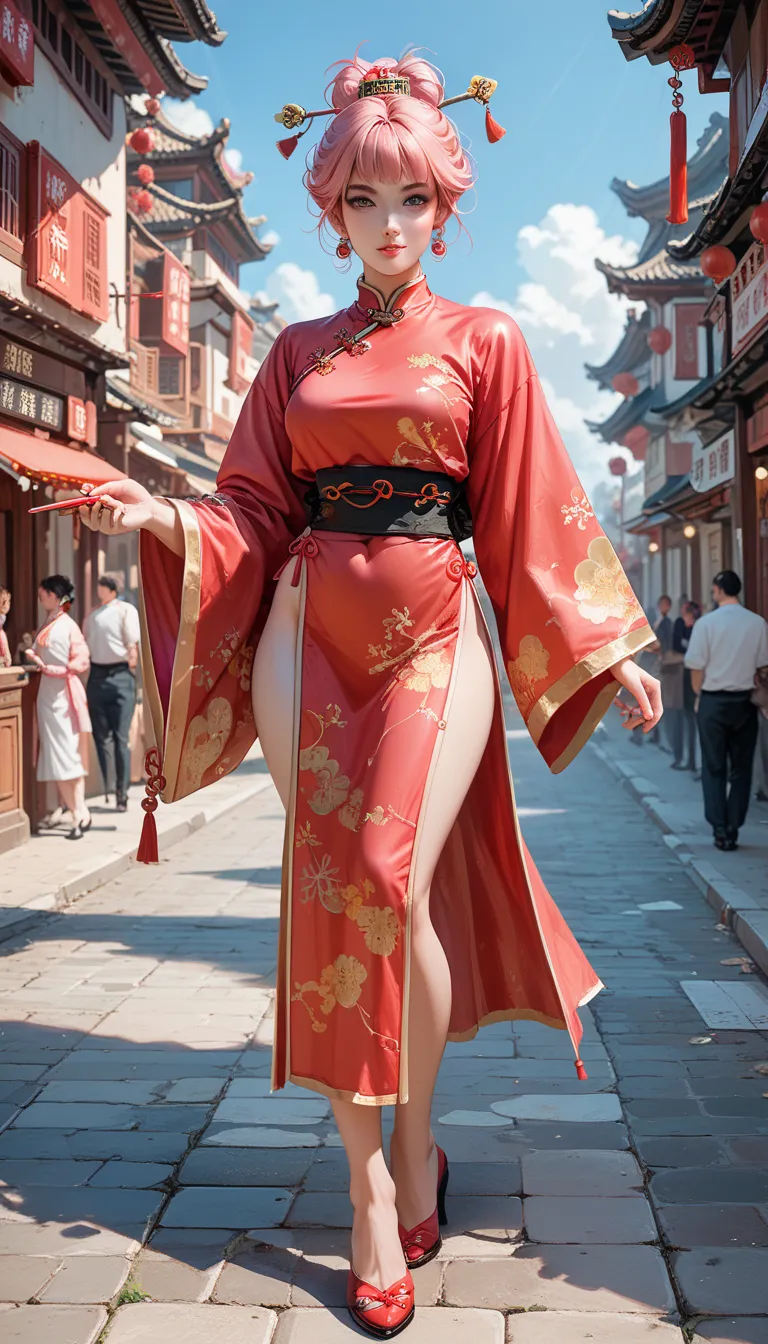  The girl is standing on the street, pink hair, Chinese traditional clothes, ancient Chinese style